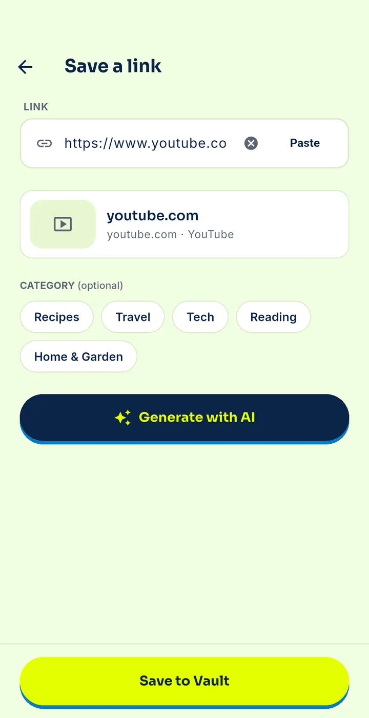Save a link screen with a pasted link