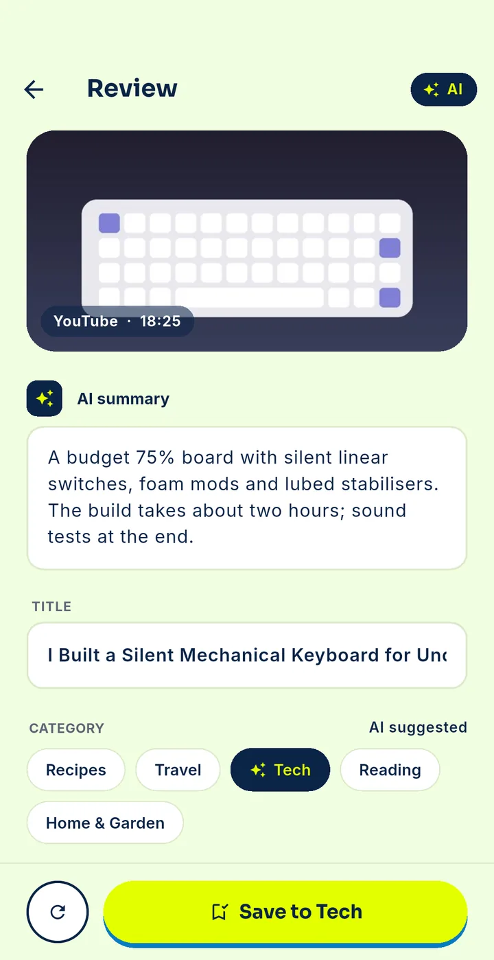AI suggests a category, tags and a summary