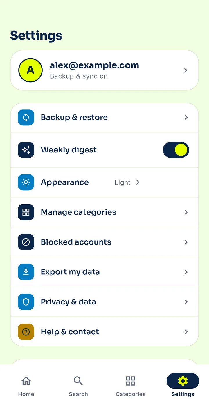 Settings with Export my data and Privacy and data